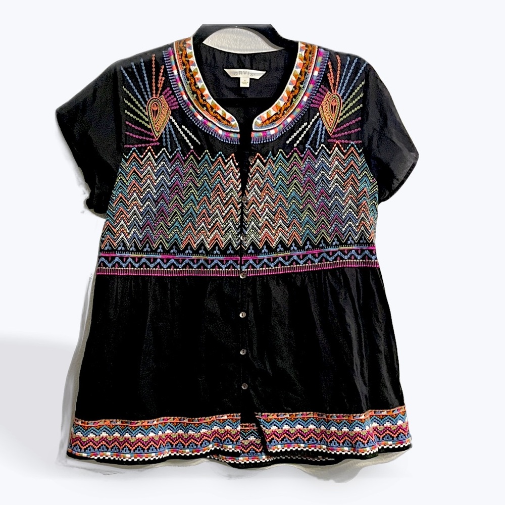 Beautiful Orvis Tribal Embroidered Button Front Shirt